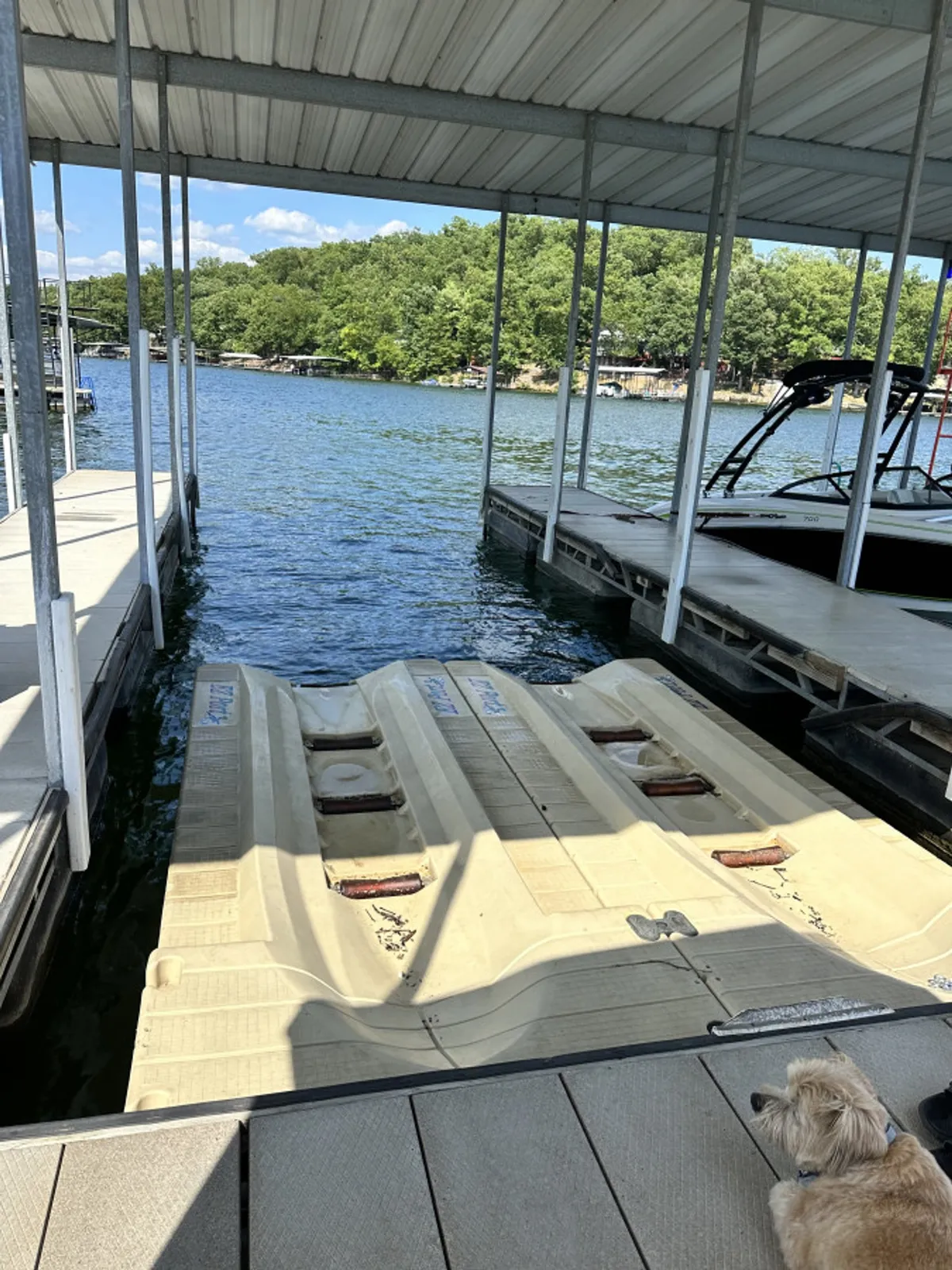 A peaceful lakeside scene featuring a private dock extending out onto the water, with a jet ski ready for use and a dog relaxing nearby. The image captures the tranquil atmosphere of waterfront living, with easy access to watercraft and opportunities for both recreation and relaxation.